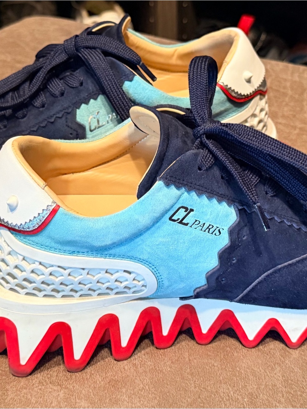 Christian Louboutin Navy, Light Blue & Red Wave-Sole Men's Sneakers